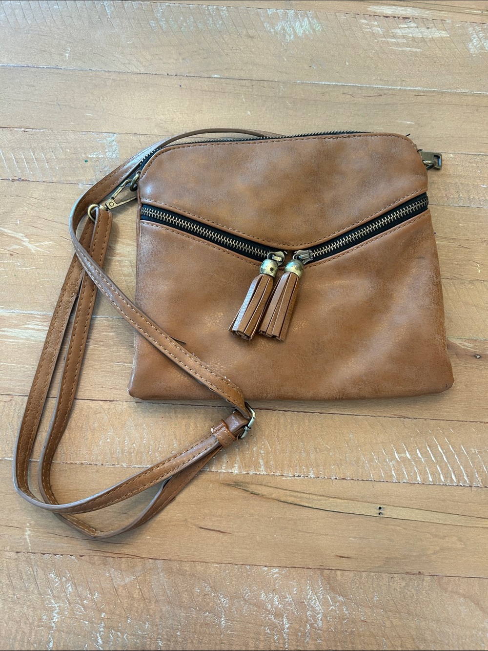 Altar'd State Tan Faux-Leather Crossbody with Tassel Zip Accent